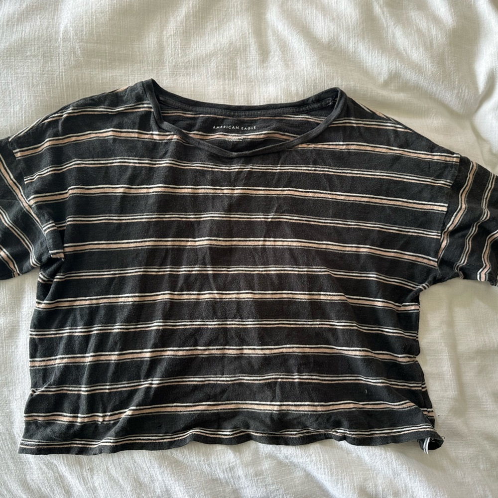 American Eagle Outfitters Charcoal and Cream Striped Tee